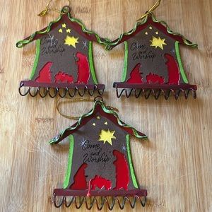 Vintage Handmade Metal Christmas Nativity Ornaments inscribed ”Come and Worship”